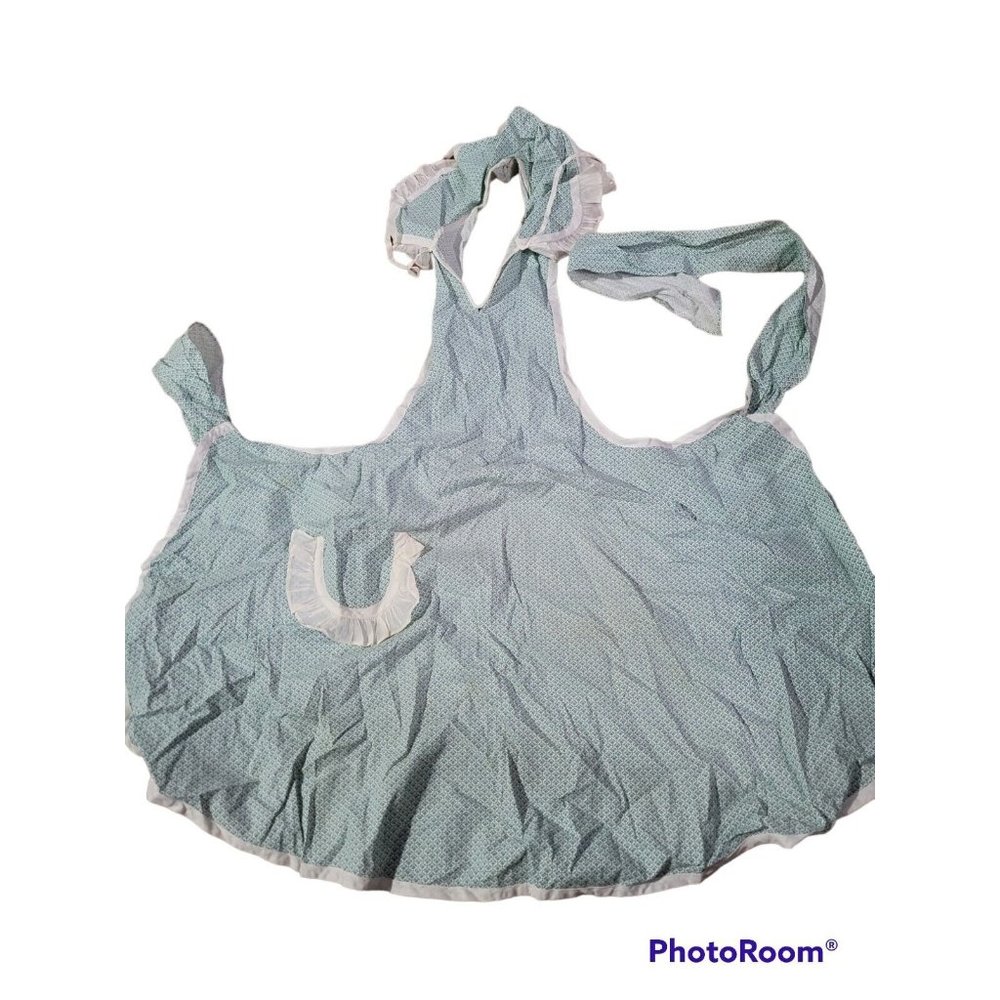 1930s 40s Flour Sack Bib Kitchen Apron Ruffled Collar Pocket Ties Green Vtg
